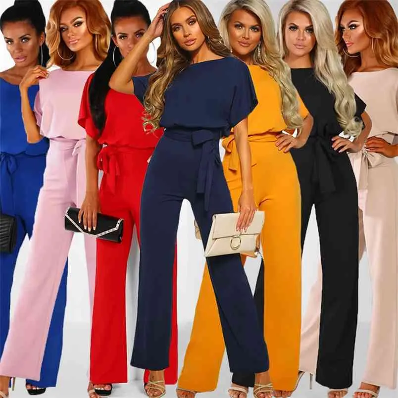 Mulheres macacão de verão manga curta elegante jumpsuit Long Wide perna calça alta cintura casual bodysuit plus tamanho macacão solto 210522