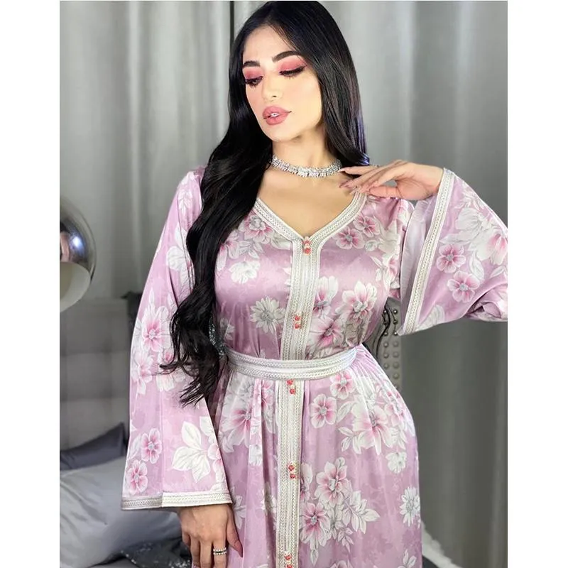 꽃 무늬 인쇄 Jalabiya Maxi 드레스 긴 소매 v 목 리본 벨트 중동 이슬람 여성 아라비아 kaftan 아랍어 터키 가운 가을 민족 clothin