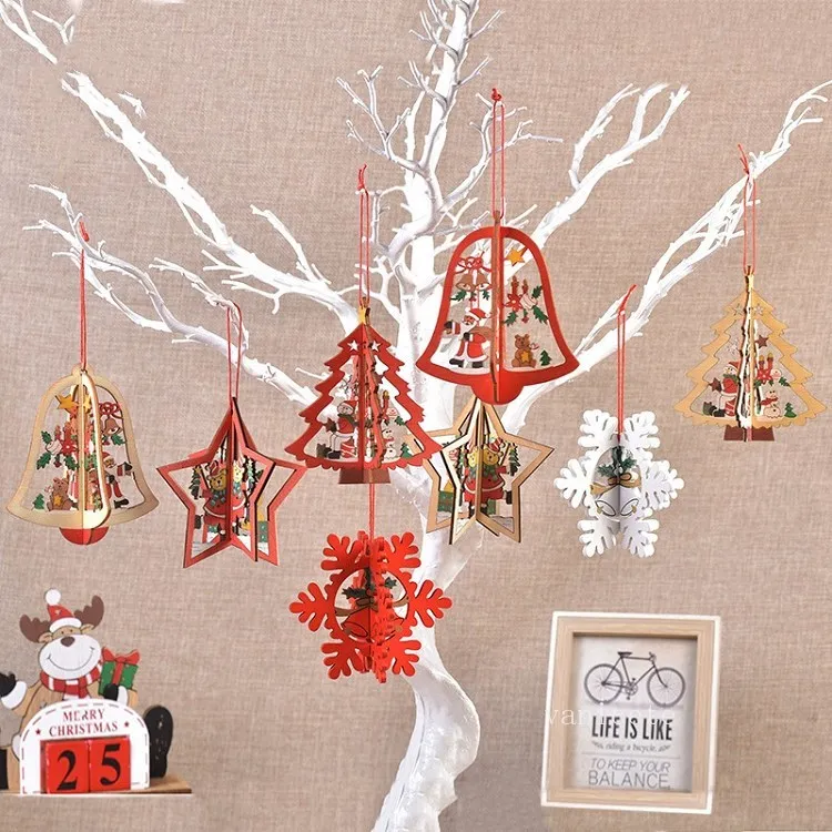 Christmas Tree Pendant Wood Hollow Snowflake Snowman Bell Hanging Decorations Colorful Home Festival Christmas Ornaments Hanging T2I52561