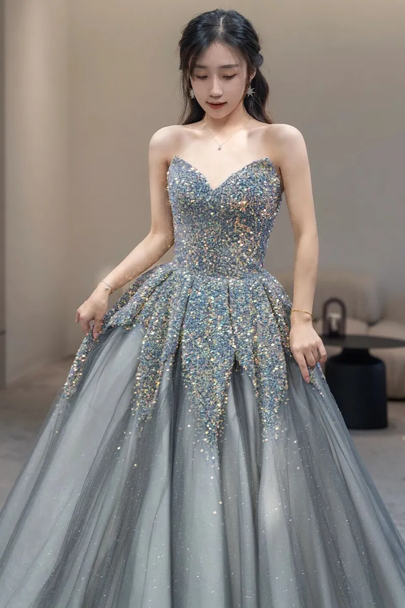 Long Sleeve Quinceanera Dress Strap Ball Gown Grey Prom Dress