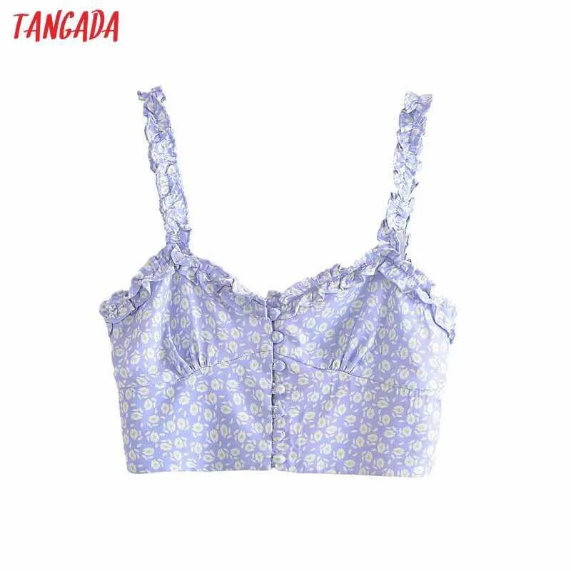 Tangada vrouwen ruches blauwe bloem camis crop top spaghetti riem mouwloze backless korte blouses shirts vrouwelijke tops 3H397 210609