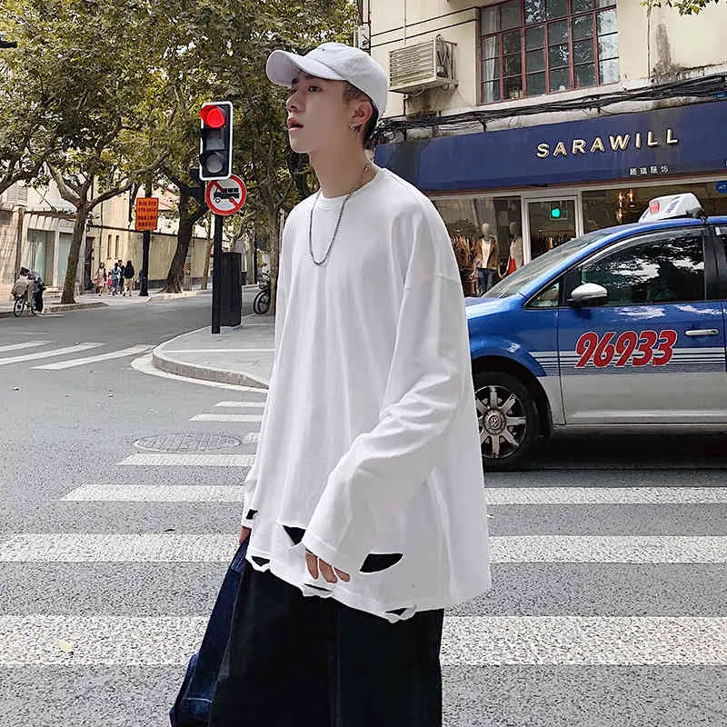 IEFB / men's wear spring solid color pullover long-sleeved T-shirt male loose personality hole all-match tops 9Y1201 210524