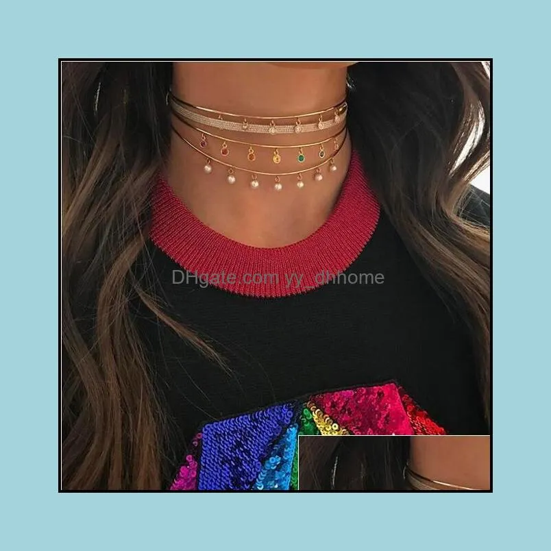 Chokers halsband juvelrychokers runda prickar öppet choker halsband för damer elegant manschettkrage uttalande vridmoment mode regnbåge färg cz