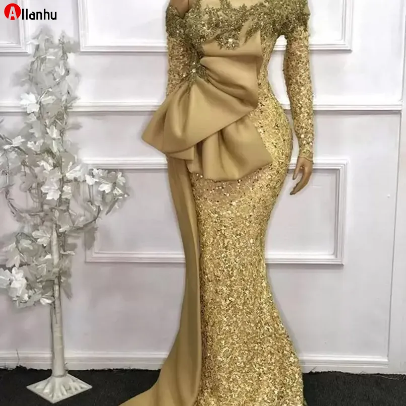 2022 Elegant African Long Sleeves Lace Mermaid Evening Dresses gold See Through Full Sleeves Beaded Prom Gowns Robe De Soiree WJY591