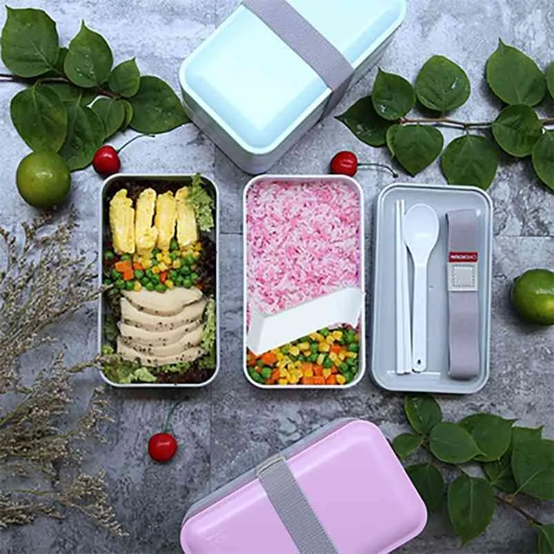 Food Container Bento Box Lunch Set Plastic Fashion Japanese Double Sealed Heat Preservation Fresh-keeping Leak-proof 210423