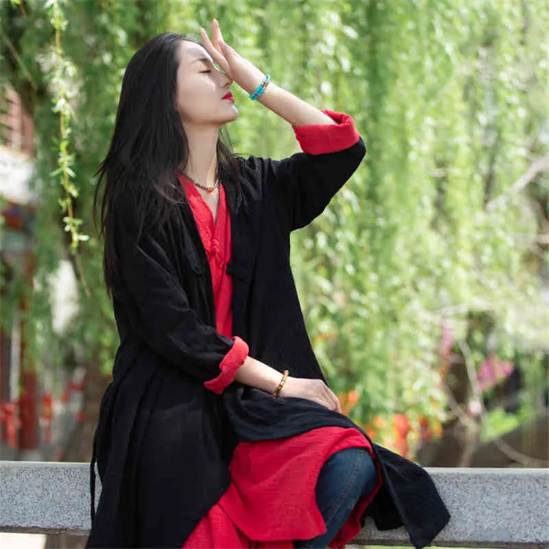 Johnature Kadınlar Çin Tarzı Gömlek ve Tops Düğme Pamuk Keten Bluzlar Bahar V Yaka Uzun Kollu Katı Renk Uzun Gömlek 210521