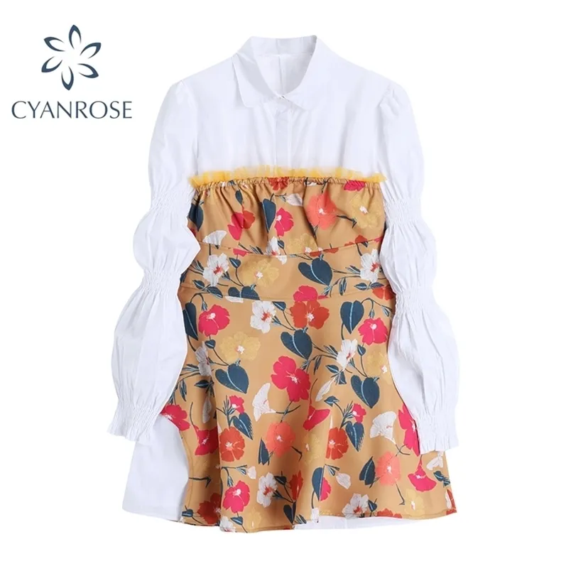 Robe Ensembles Femmes Blanc Bouffée À Manches Longues Chemise Et Imprimé Floral Ourlet Recadrée Jupe Dames Tenues Mori Fille Lâche 2 Pcs 210515