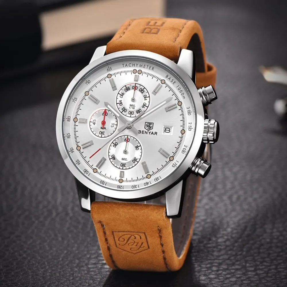 2022BENYAR NYHET FASHION CHRONOGRAPH Äkta läder Sport Mens Klockor Top Brand Luxury Military Quartz Watch Clock Relogio Masculino