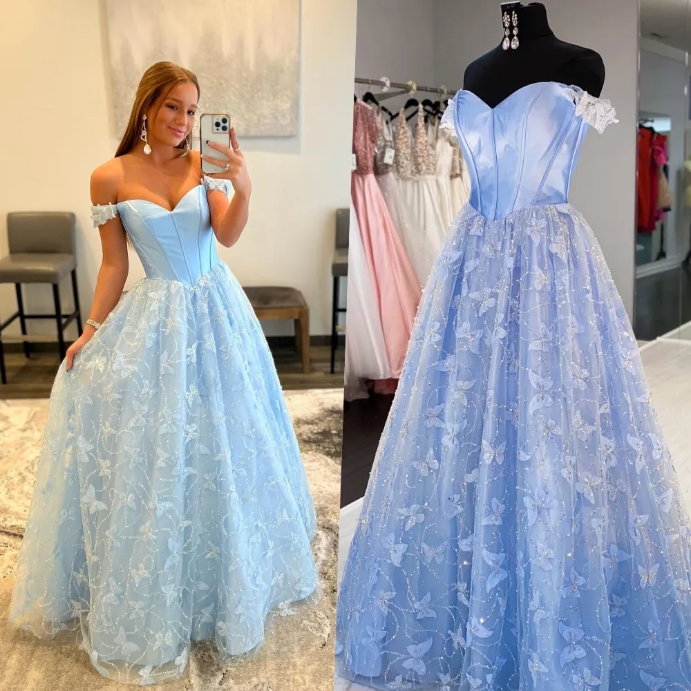 Embroidered Butterfly Baby Blue Light Blue Prom Dresses Floor Length A Line Gown With Beaded
