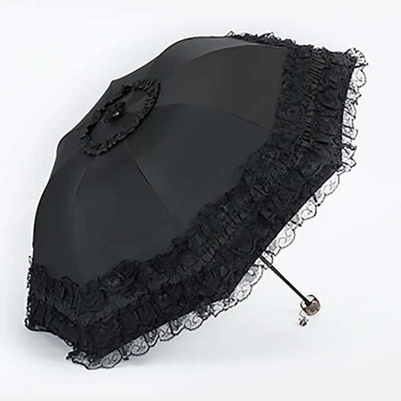 Parapluie de pluie en dentelle pour femmes, Parasol noir pliant, princesse guarda chuva invertido, Protection UV, décoration