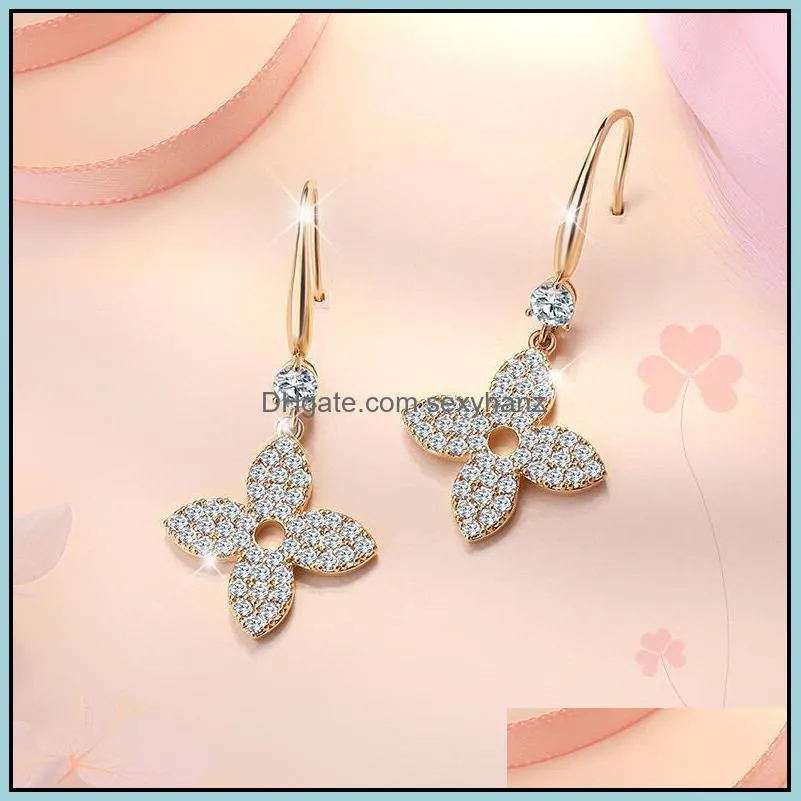 S1537 Hot Fashion Jewelry S925 Silver Post Four Leaf Clover Earrings Simple Hollow Out Niche Design Dangle Earrings