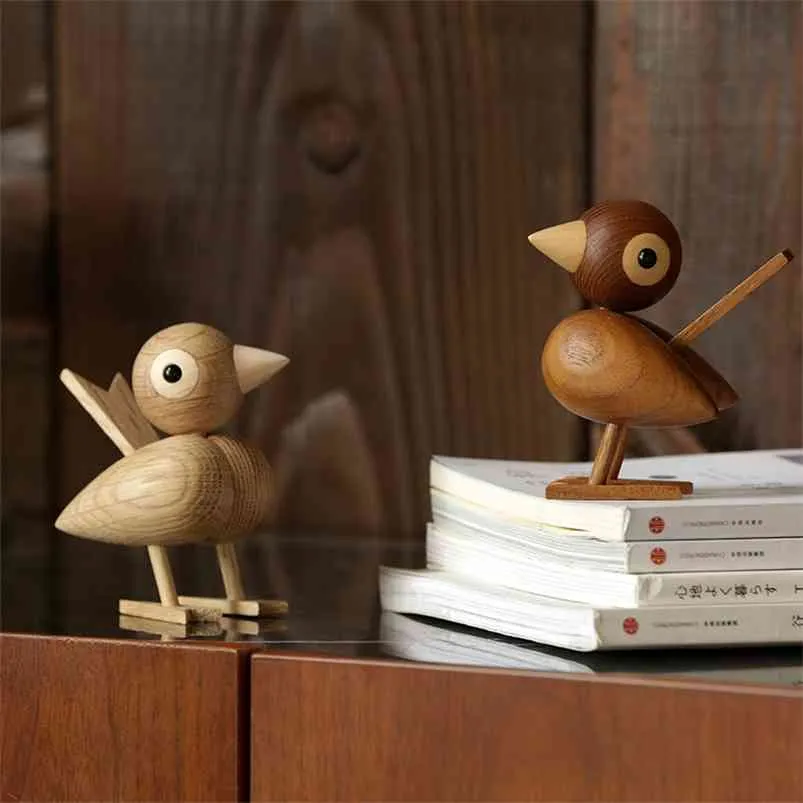 デンマークノルディックスタイルウッドスズメ鳥の装飾品アメリカ人形木製遊びルーム研究デスクトップアクセサリー210811