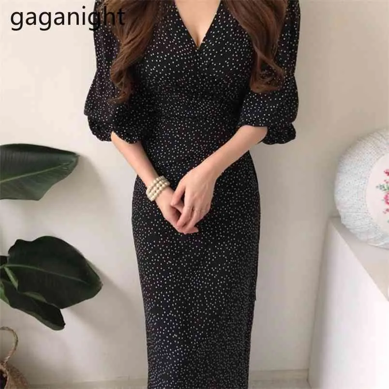 Elegant Vintage Women Polka Dot Långärmad Spring Dress Evening Party Sexy V Neck Maxi Dresses Fashion Ladies 210601