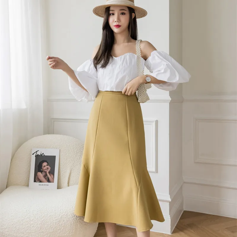 Koreanska mode kjolar hög-midja lång kvinna kjol sommar solid mid-calf sexiga kvinnor oregelbunden fishtail för kvinnlig 210427