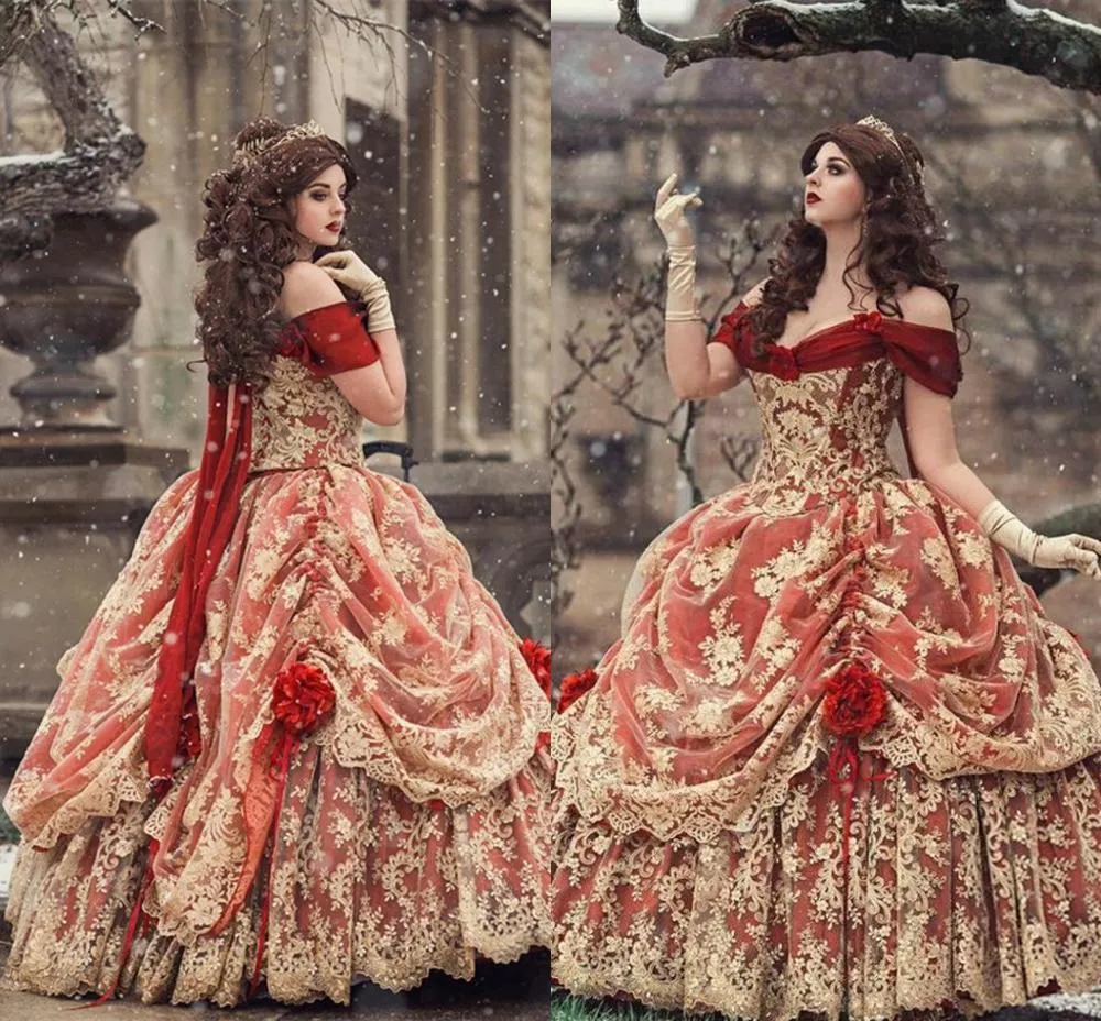 Gothic Prom Quinceanera Dresses Vintage Red And Gold Lace Tiered Sweet 16 Dress Medieval Ball Gown Victorian Halloween Medival Renaissance 15 Brithday Party Gowns