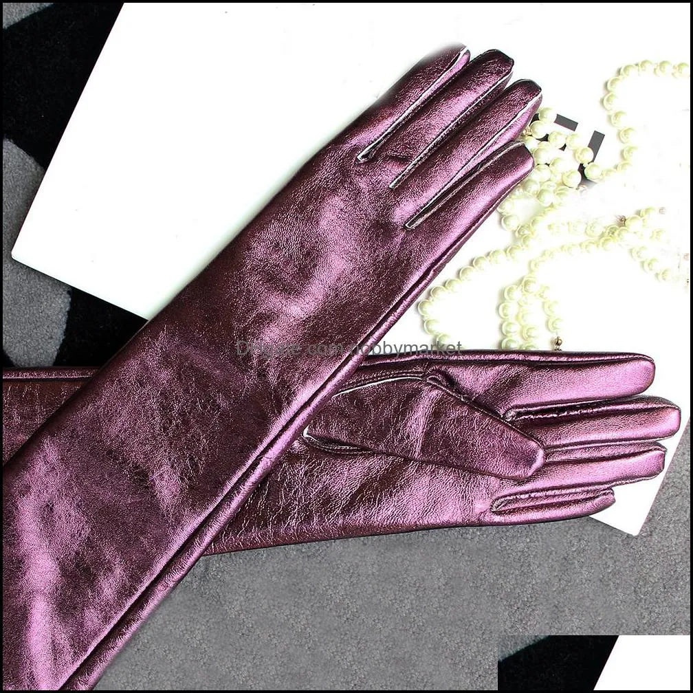 Women`s Extra Long Gloves Bright Patent Leather 50cm60cm70cm Winter Long Style Leather Female Customize Warm Lined Finger Glove 201020