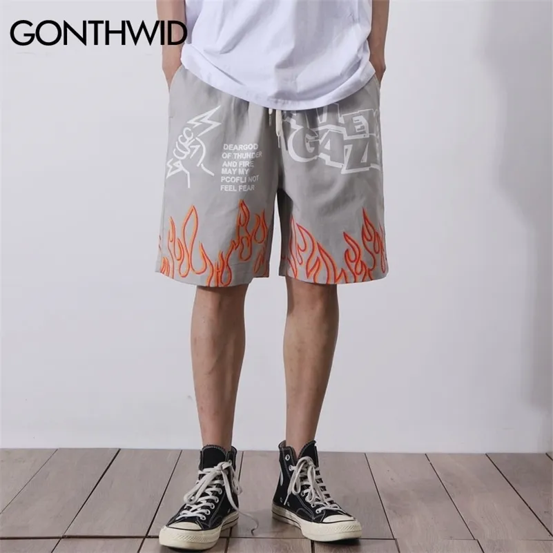 GONTHWID Fire Flame Print Shorts Streetwear Summer Hip Hop Casual Baggy Pantalon court Hommes Harajuku Mode Poches Pantalon Mâle 210324