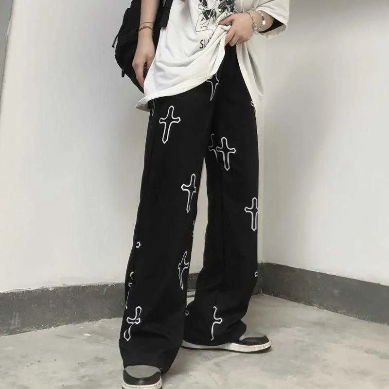 Mingliusili Gothique Pantalon à jambes larges Femmes Été 2021 Mode Vintage Punk Imprimer Pantalon Streetwear Lâche Casual Y2K Pantalon Q0801