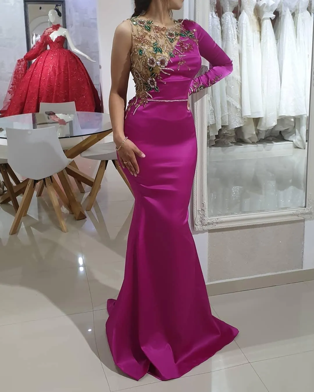 2021 Arabiska Aso Ebi Lyxiga Beaded Crystals Prom Klänningar Sheer Neck Mermaid Evening Formell Party Andra receptionen klänningar klänning