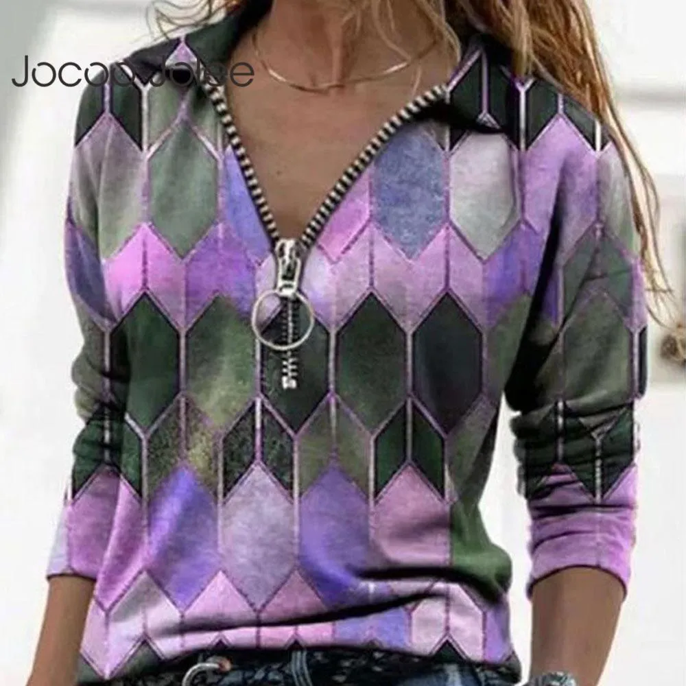 여성 긴 소매 V 넥 기하학적 인쇄 빈티지 느슨한 티셔츠 캐주얼 풀오버 우아한 블라우스 플러스 크기 210428