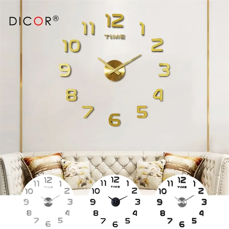 DIY 12 V Digital Grande Relógio de Parede Decoração de Casa Espelho Relógio De Parede Adesivo De Vinil Design de Design Moderno na parede para sala de estar 210325