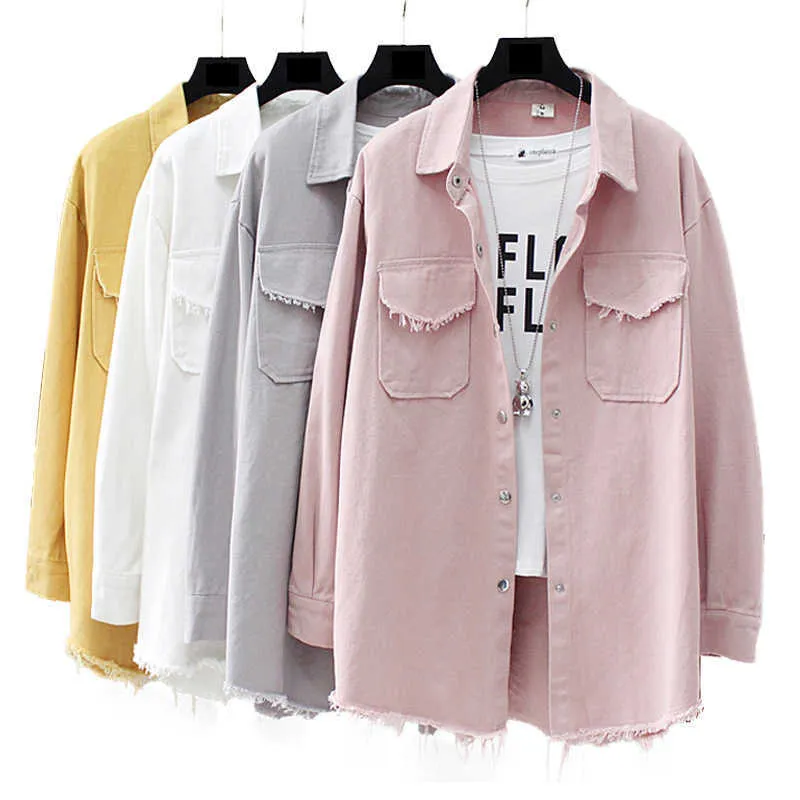 Spring Autumn Long section lapel Tassel Denim Jacket loose Casual Sleeve female's thin Basic Jacket Coats 210531