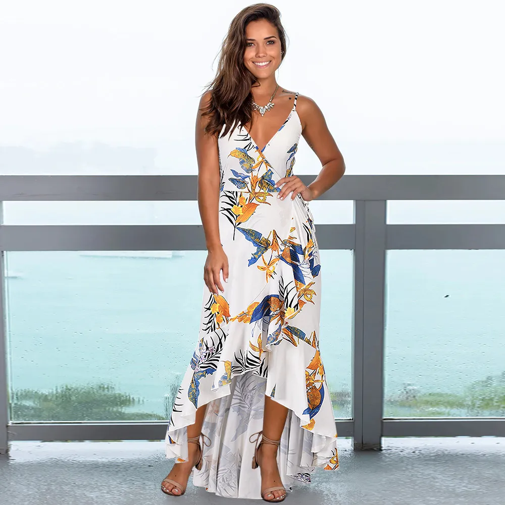 Sommar strand maxi klänning kvinnor blommig tryck sling ruffle oregelbunden wrap boho lång klänning casual v hals spets upp sexig fest sundress 210507