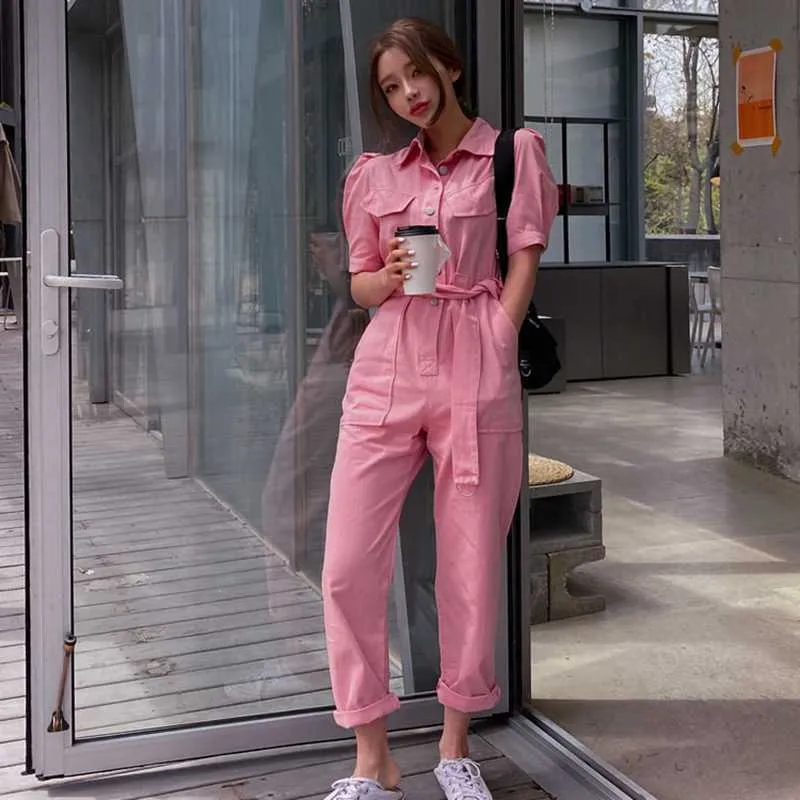 Summer Women Casual solid color Jumpsuit Turn-down Neck Button Shirt Overalls Short Sleeve Office Lady Romper Belt 210529