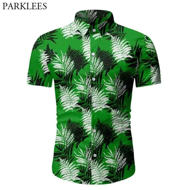 남자를위한 녹색 하와이 해변 셔츠 패션 잎 인쇄 망 열대 알로하 셔츠 남성 휴일 파티 옷 화학 homme 210522