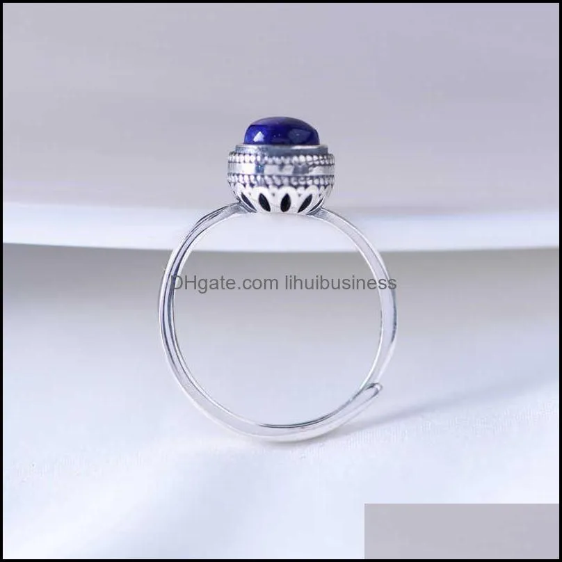 V.YA Real 925 Sterling Silver Retro Fashion Lapis Lazuli Ring Simple Open Adjustable Ring Jewelry for Men Female Fine Jewelry Y0611