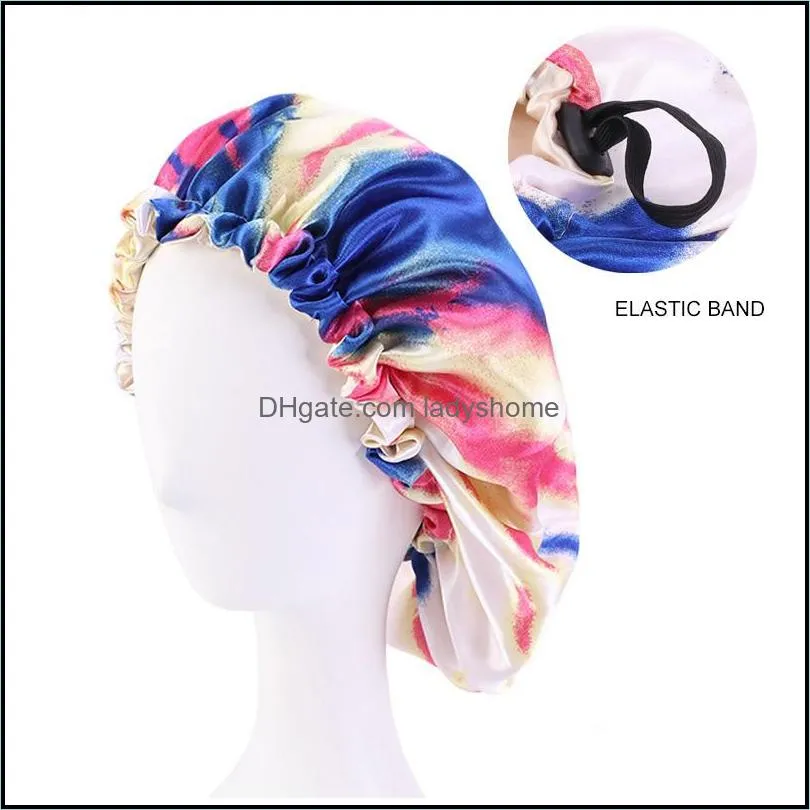 Satin Bonnet tie-dye shower cap Adjustable Double Layer Sleep Caps Woman Parents Tie dyed Turban Hair Cover Night Hat HWB7107