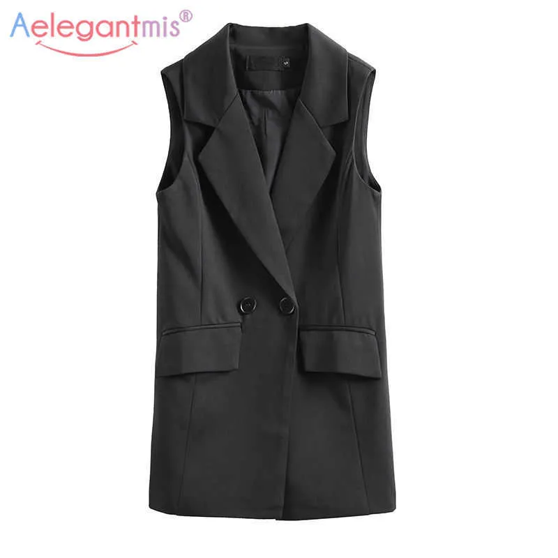 AELEGANTMIS Office Lady Long Casual Casual Kamizelka Kobiety Klasyczna Luźna Czarna Kiełkowa kamizelka Kobieta Elegancka Szczupła Bez Rękawów Odzieży Odzieży Chic 210607