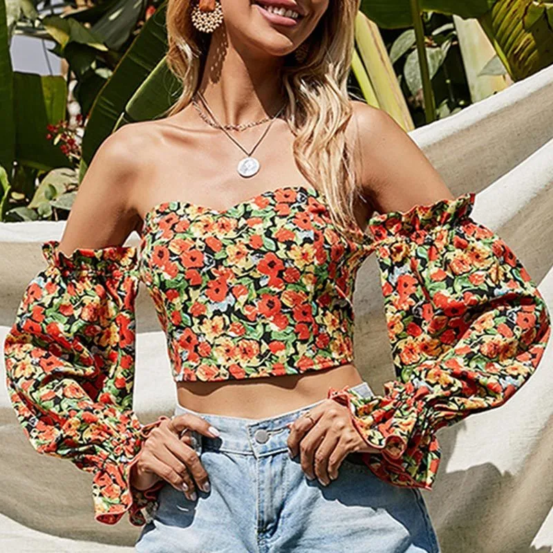 Elegant Lantern Sleeve Ruffle Beach Blus Sexig Strapless Backless Chiffon Shirts Fashion Summer Women Off Shoulder Tops Blusas 210514
