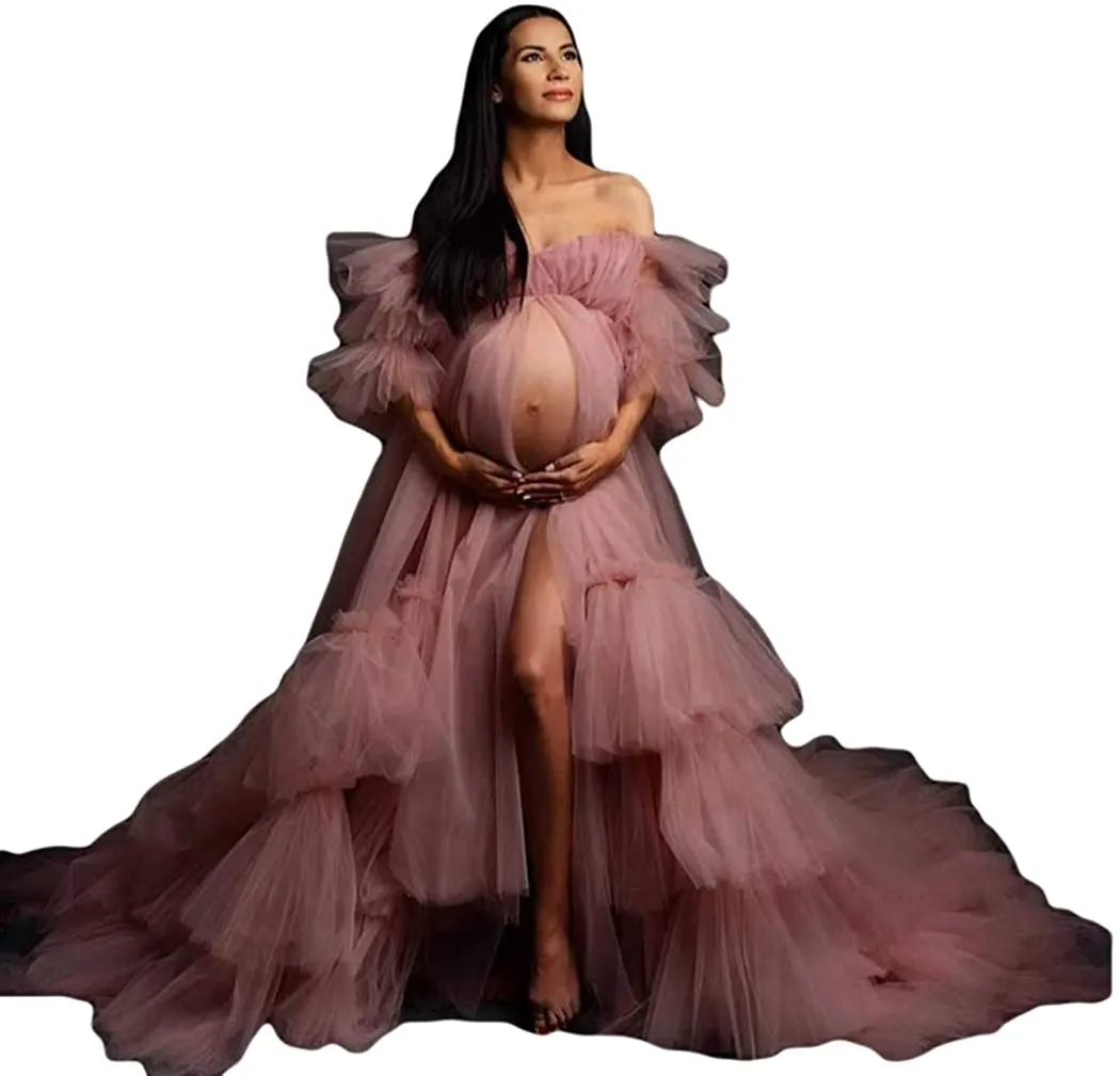 Customizable Off-Shoulder Pajam Robe with Appliques and Lace Detailing for Pregnant Women - Floor Length Mesh Maternity Photoshoot Dress with Long