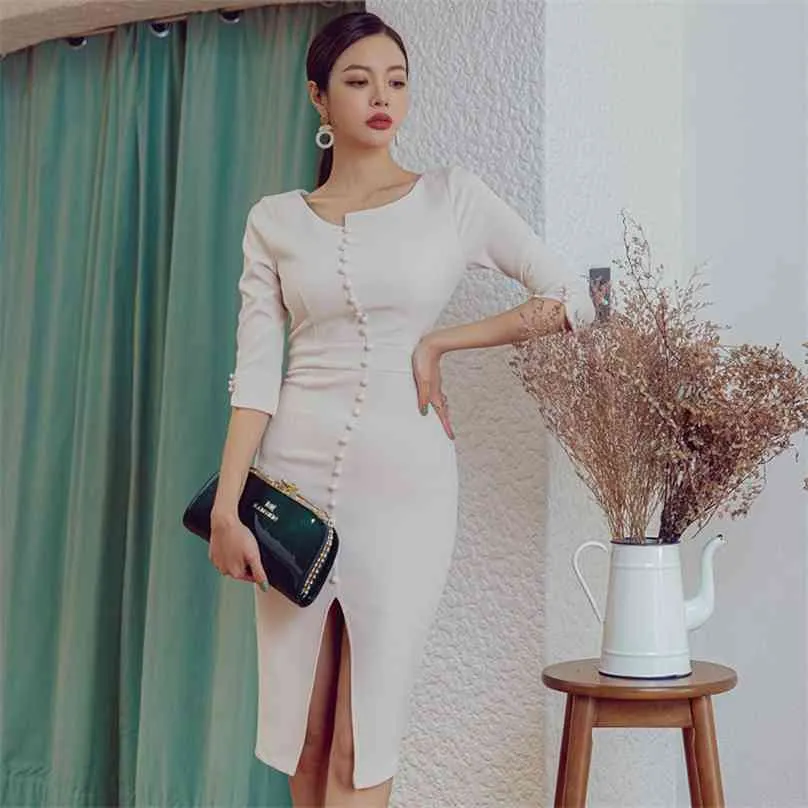 Primavera coreana fina senhora vestido aberto fork temperamento escritório festa de eiegant para mulheres vestidos 210602