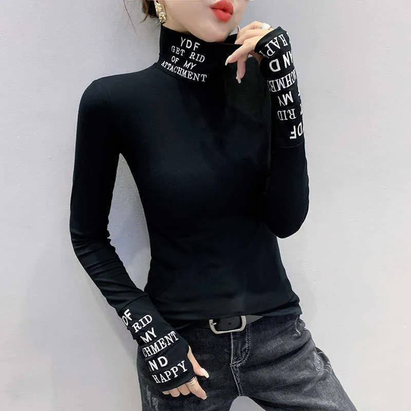 # 5649 Svart vit långärmad t-shirt kvinnor brev tryckta t-shirt femme elastiska hajuku tight grundläggande t-shirt kvinna turtleneck x0628