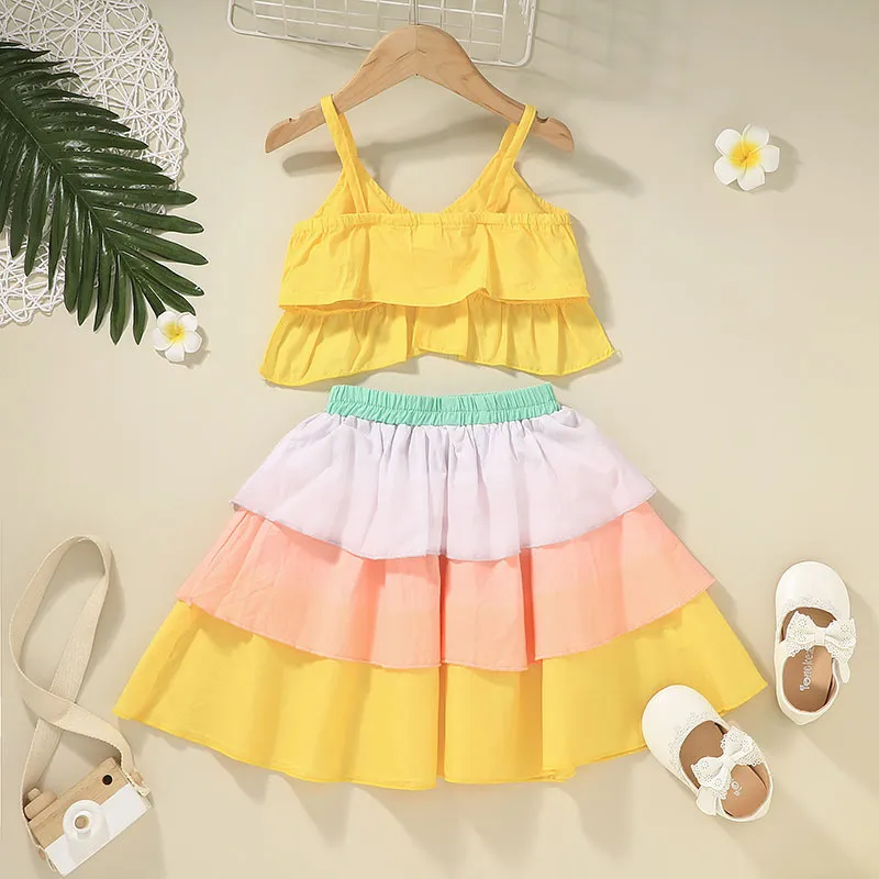 Girls Bow Braces Tops+Rainbow Skirts Set Outfits Summer 2021 Kids Boutique Clothing 1-5 Children Sleeveless Ruffle Top Fashion