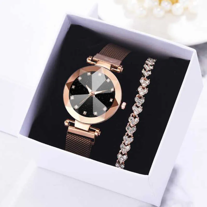 Hommes montres 2 pièces montre Bracelet ensemble de luxe femmes ciel étoilé aimant montre boucle mode strass Bracelet montre-Bracelet robe horloge