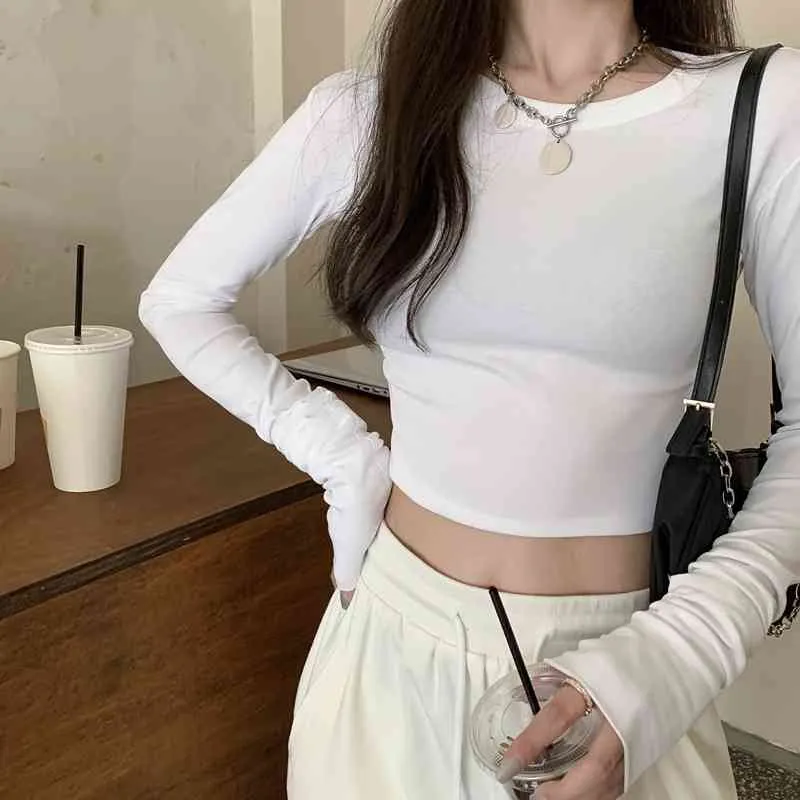 Short style tight showing thin T-shirt female slim short high waist belly button white bottoming shirt spring and summer tight long-sleeved shirt sports jogging top