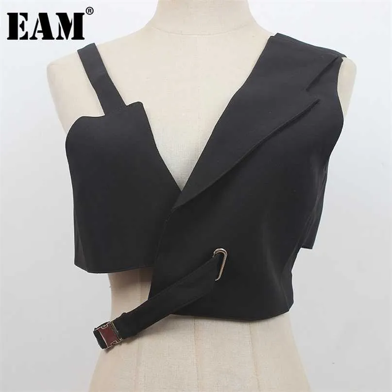 [EAM] Mujeres Loose Fit Negro Irregular Vendaje Chaleco corto Cuello en V Sin mangas Moda Primavera Verano 1DE0596 211120