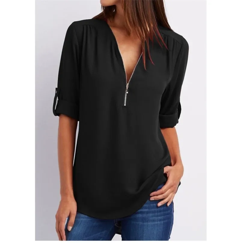 Femmes Chemises Été Automne Casual Col V-Col En Mousseline De Soie Blouse Top Camisa Feminina À Manches Longues Noir Blanc Dames Blouses Chemise 210719