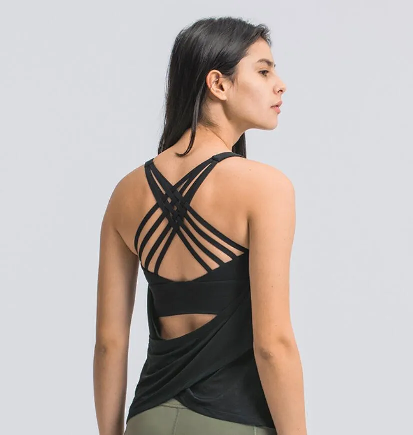 L-017 Sexy Sutiã Yoga Dois-em-um Roupas Fitness Esportes Regatas Atléticas Roupas de Ginástica de Corrida Feminina Camisa Colete de Treinamento à Prova de Choque