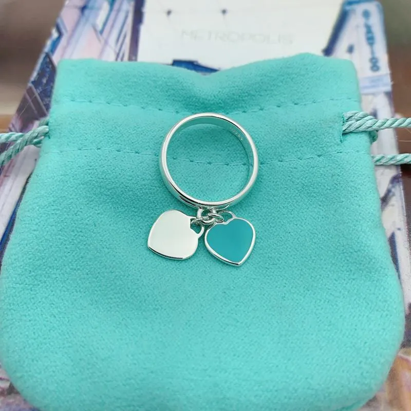 Anelli a grappolo Anello da donna originale di qualità eccellente, 2021 Anello di amore Gioielli da donna di moda Argento sterling 925 Doppio cuore blu di fascia alta