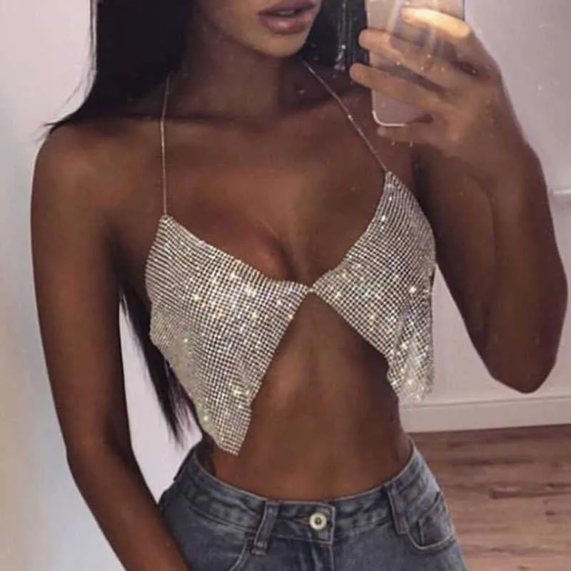 BLING Zilver Gouden Rhinestones Halster Bra Crop Top Vrouwen Sexy Backless Diepe V-hals Zien door Summer Beach Tank Tops 210607