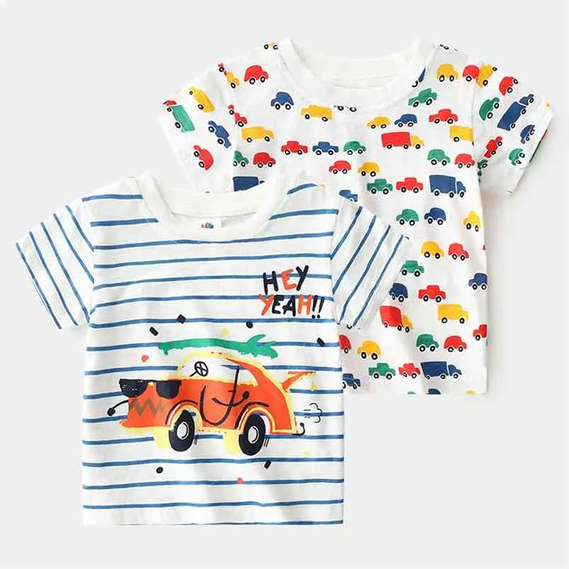 夏のカジュアル2 3-8 9 10年の赤ちゃん子供服コットンリトルキッズ男の子半袖漫画車の縞模様のTシャツ210625