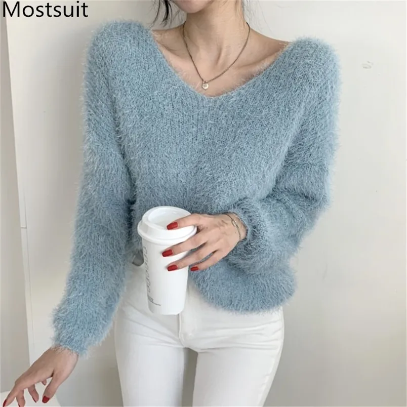 Chic Korean Knitted V-neck Pullover Jumpers Women Spring Furry Warm Soft Loose Female Sweaters Tops Femme 210513