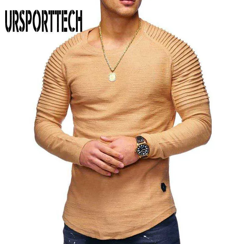 UrsportTech Tシャツの男性の大きさの長袖OネックソリッドコットンフルスリーブTシャツの男性のためのカジュアルなシャツの男性フィットネストップスティー210528