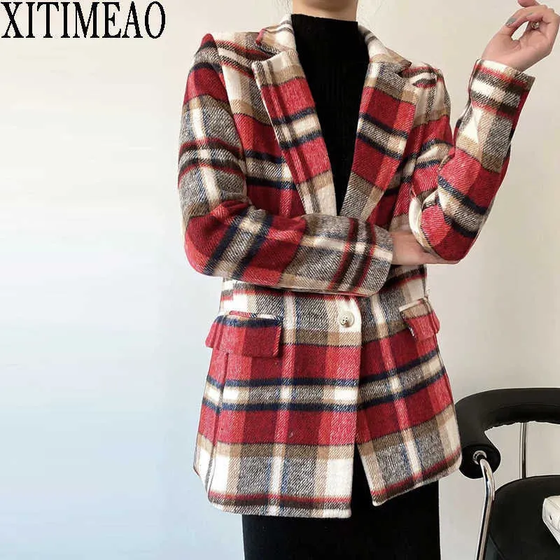 Xitimeao Kobiety Casual Woolen Coat Blazer Office Lady Plaid Slim Suit One Button Zagęścić Panie Blazers 210604