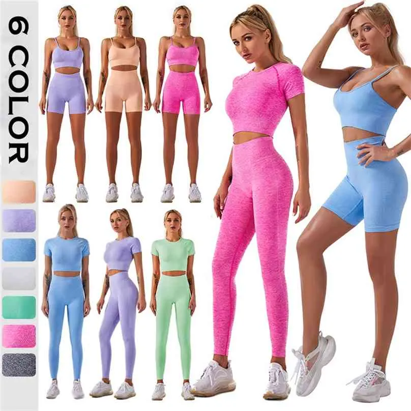 4 sztuk Seamles Zestaw sportowy Kobiety Fioletowe Dwa 2 sztuki Crop Top T-shirt Biustonosz Legging Sportsuit Trening Outfit Fitness Wear Yoga Siłownia Zestawy 210802