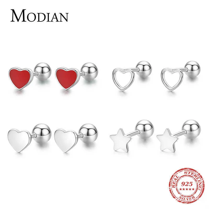 4 Style Minimalist Real 925 Sterling Silver Enamel Hearts Stars Screw Samll Stud Earrings For Women Girls Fine Jewelry 210707